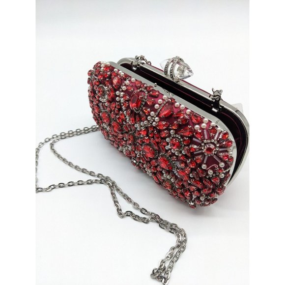 INC Ranndi beaded embellished crystal clutch minaudiere - RED/SILVER - Picture 12 of 14